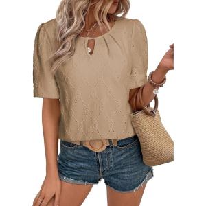 imageEVALESS Womens Tops Dressy Casual Cute Hollow Embroidered Blouses Short Sleeve Shirts Summer Outfits Trendy 2025Smoke Gray