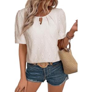 imageEVALESS Womens Tops Dressy Casual Cute Hollow Embroidered Blouses Short Sleeve Shirts Summer Outfits Trendy 2025White
