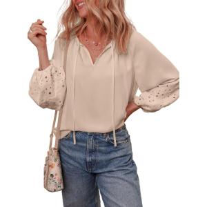 imageEVALESS Womens Tops Dressy Casual V Neck Long Sleeve Hollow Out Embroidered Blouses Shirts Spring Summer Outfits 2025Apricot