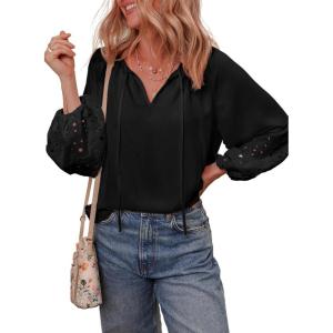 imageEVALESS Womens Tops Dressy Casual V Neck Long Sleeve Hollow Out Embroidered Blouses Shirts Spring Summer Outfits 2025Black