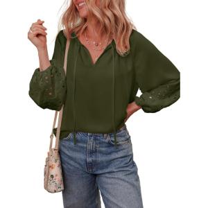 imageEVALESS Womens Tops Dressy Casual V Neck Long Sleeve Hollow Out Embroidered Blouses Shirts Spring Summer Outfits 2025Blackish Green