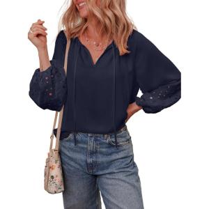 imageEVALESS Womens Tops Dressy Casual V Neck Long Sleeve Hollow Out Embroidered Blouses Shirts Spring Summer Outfits 2025Navy Blue