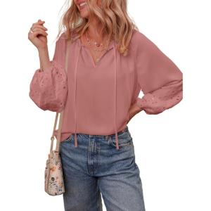 imageEVALESS Womens Tops Dressy Casual V Neck Long Sleeve Hollow Out Embroidered Blouses Shirts Spring Summer Outfits 2025Pink