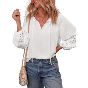 imageEVALESS Womens Tops Dressy Casual V Neck Long Sleeve Hollow Out Embroidered Blouses Shirts Spring Summer Outfits 2025White