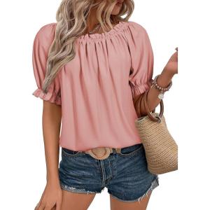 imageEVALESS Womens Tops Off The Shoulder Blouses for Women Dressy Casual Cute Puff Sleeve T Shirts Fashion 2025Apricot Pink