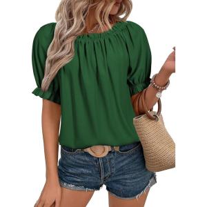 imageEVALESS Womens Tops Off The Shoulder Blouses for Women Dressy Casual Cute Puff Sleeve T Shirts Fashion 2025Blackish Green