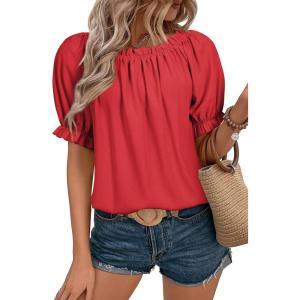 imageEVALESS Womens Tops Off The Shoulder Blouses for Women Dressy Casual Cute Puff Sleeve T Shirts Fashion 2025Fiery Red
