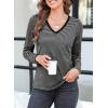 imageEVALESS Spring Summer Tops for Women Trendy V Neck Long Sleeve Shirts 2025 Basic T Shirts Loose Tee Clothes Casual Outfits2 Black Stripe