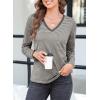 imageEVALESS Spring Summer Tops for Women Trendy V Neck Long Sleeve Shirts 2025 Basic T Shirts Loose Tee Clothes Casual Outfits2 Gray Stripe