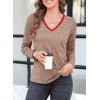 imageEVALESS Spring Summer Tops for Women Trendy V Neck Long Sleeve Shirts 2025 Basic T Shirts Loose Tee Clothes Casual Outfits2 Khaki Stripe