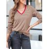 imageEVALESS Spring Summer Tops for Women Trendy V Neck Long Sleeve Shirts 2025 Basic T Shirts Loose Tee Clothes Casual Outfits2 Khaki Stripe