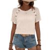imageEVALESS Womens Short Sleeve Waffle Knit Tops Crewneck Lace Crochet Hollow Out Solid Loose Casual Basic T Shirts Tee BlousesApricot