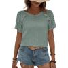 imageEVALESS Womens Short Sleeve Waffle Knit Tops Crewneck Lace Crochet Hollow Out Solid Loose Casual Basic T Shirts Tee BlousesSmoke Green