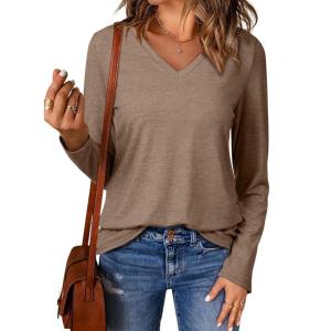 imageEVALESS Spring Summer Tops for Women Trendy V Neck Long Sleeve Shirts 2025 Basic T Shirts Loose Tee Clothes Casual Outfits00 Khaki