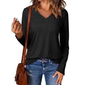 imageEVALESS Spring Summer Tops for Women Trendy V Neck Long Sleeve Shirts 2025 Basic T Shirts Loose Tee Clothes Casual Outfits01 Black