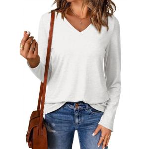 imageEVALESS Spring Summer Tops for Women Trendy V Neck Long Sleeve Shirts 2025 Basic T Shirts Loose Tee Clothes Casual Outfits02 White