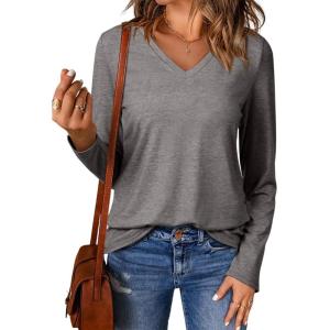 imageEVALESS Spring Summer Tops for Women Trendy V Neck Long Sleeve Shirts 2025 Basic T Shirts Loose Tee Clothes Casual Outfits1 Gray