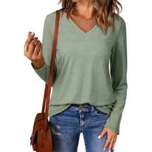 imageEVALESS Spring Summer Tops for Women Trendy V Neck Long Sleeve Shirts 2025 Basic T Shirts Loose Tee Clothes Casual Outfits1 Green