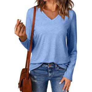 imageEVALESS Spring Summer Tops for Women Trendy V Neck Long Sleeve Shirts 2025 Basic T Shirts Loose Tee Clothes Casual Outfits1 Sky Blue
