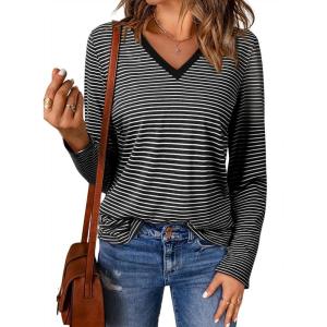 imageEVALESS Spring Summer Tops for Women Trendy V Neck Long Sleeve Shirts 2025 Basic T Shirts Loose Tee Clothes Casual Outfits2 Black Stripe