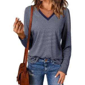 imageEVALESS Spring Summer Tops for Women Trendy V Neck Long Sleeve Shirts 2025 Basic T Shirts Loose Tee Clothes Casual Outfits2 Blue Stripe
