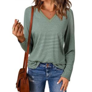 imageEVALESS Spring Summer Tops for Women Trendy V Neck Long Sleeve Shirts 2025 Basic T Shirts Loose Tee Clothes Casual Outfits2 Green Stripe
