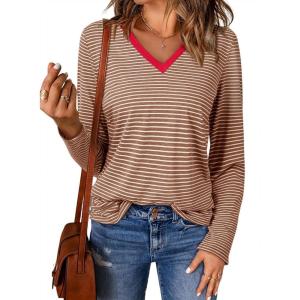 imageEVALESS Spring Summer Tops for Women Trendy V Neck Long Sleeve Shirts 2025 Basic T Shirts Loose Tee Clothes Casual Outfits2 Khaki Stripe
