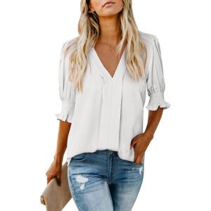 imageEVALESS V Neck Blouses for Women Dressy Casual Summer Puff Ruffle Short Sleeve Shirt Tops1a White
