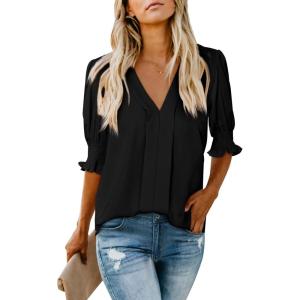 imageEVALESS V Neck Blouses for Women Dressy Casual Summer Puff Ruffle Short Sleeve Shirt Tops1b Black