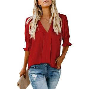 imageEVALESS V Neck Blouses for Women Dressy Casual Summer Puff Ruffle Short Sleeve Shirt Tops2b Red