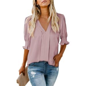 imageEVALESS V Neck Blouses for Women Dressy Casual Summer Puff Ruffle Short Sleeve Shirt Tops3b Pink