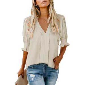 imageEVALESS V Neck Blouses for Women Dressy Casual Summer Puff Ruffle Short Sleeve Shirt TopsB Apricot