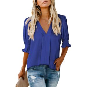 imageEVALESS V Neck Blouses for Women Dressy Casual Summer Puff Ruffle Short Sleeve Shirt TopsB Blue