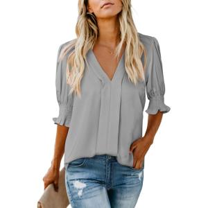imageEVALESS V Neck Blouses for Women Dressy Casual Summer Puff Ruffle Short Sleeve Shirt TopsB Gray
