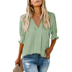 imageEVALESS V Neck Blouses for Women Dressy Casual Summer Puff Ruffle Short Sleeve Shirt TopsB Green