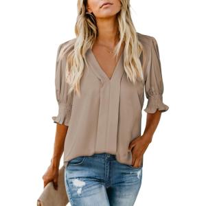 imageEVALESS V Neck Blouses for Women Dressy Casual Summer Puff Ruffle Short Sleeve Shirt TopsB Khaki