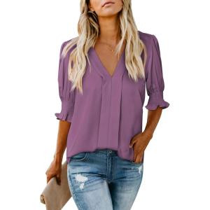 imageEVALESS V Neck Blouses for Women Dressy Casual Summer Puff Ruffle Short Sleeve Shirt TopsB Purple