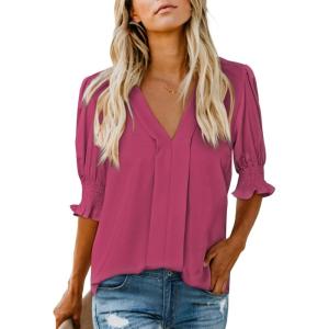 imageEVALESS V Neck Blouses for Women Dressy Casual Summer Puff Ruffle Short Sleeve Shirt TopsB Rose