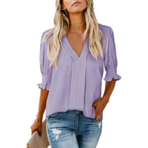 imageEVALESS V Neck Blouses for Women Dressy Casual Summer Puff Ruffle Short Sleeve Shirt TopsB1 Purple