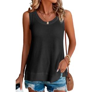 imageEVALESS Waffle Knit Tank Top for Women Summer 2025 Trendy Oversized Scoop Neck Knit Sleeveless Shirts Tops1 Black