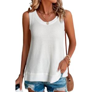imageEVALESS Waffle Knit Tank Top for Women Summer 2025 Trendy Oversized Scoop Neck Knit Sleeveless Shirts Tops1 White