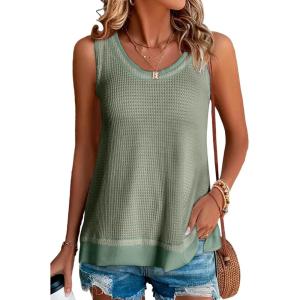 imageEVALESS Waffle Knit Tank Top for Women Summer 2025 Trendy Oversized Scoop Neck Knit Sleeveless Shirts TopsAvocado Green