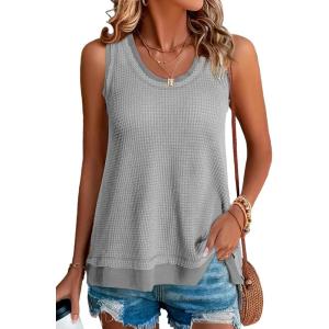 imageEVALESS Waffle Knit Tank Top for Women Summer 2025 Trendy Oversized Scoop Neck Knit Sleeveless Shirts TopsD Grey