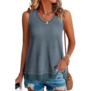 imageEVALESS Waffle Knit Tank Top for Women Summer 2025 Trendy Oversized Scoop Neck Knit Sleeveless Shirts TopsD Greyish Blue