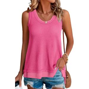 imageEVALESS Waffle Knit Tank Top for Women Summer 2025 Trendy Oversized Scoop Neck Knit Sleeveless Shirts TopsHot Pink