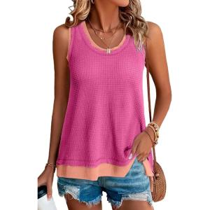 imageEVALESS Waffle Knit Tank Top for Women Summer 2025 Trendy Oversized Scoop Neck Knit Sleeveless Shirts TopsHot Pink 2