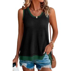 imageEVALESS Waffle Knit Tank Top for Women Summer 2025 Trendy Oversized Scoop Neck Knit Sleeveless Shirts TopsL Black