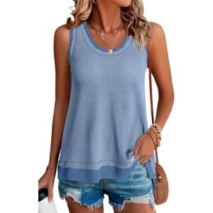 imageEVALESS Waffle Knit Tank Top for Women Summer 2025 Trendy Oversized Scoop Neck Knit Sleeveless Shirts TopsLight Blue