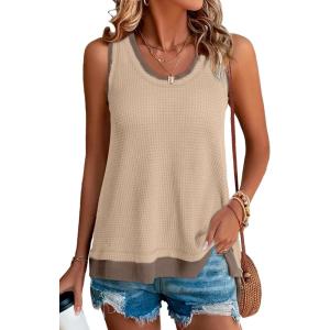 imageEVALESS Waffle Knit Tank Top for Women Summer 2025 Trendy Oversized Scoop Neck Knit Sleeveless Shirts TopsLight Khaki