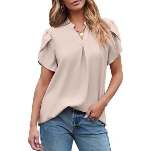 imageEVALESS Womens Dressy Casual Business Work Chiffon Blouses Tops Summer V Neck Cute Loose Petal Short Sleeve TShirtsApricot